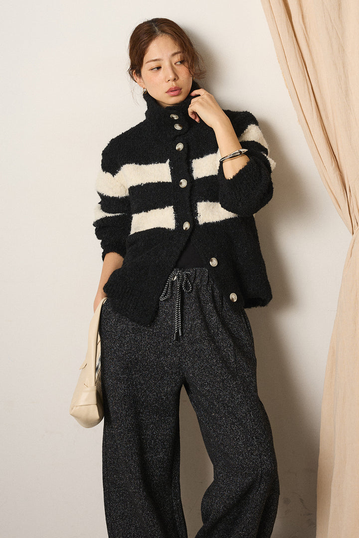 [SET]ハイネックボーダーニットカーディガン+杢ニットフレアパンツ(2set)