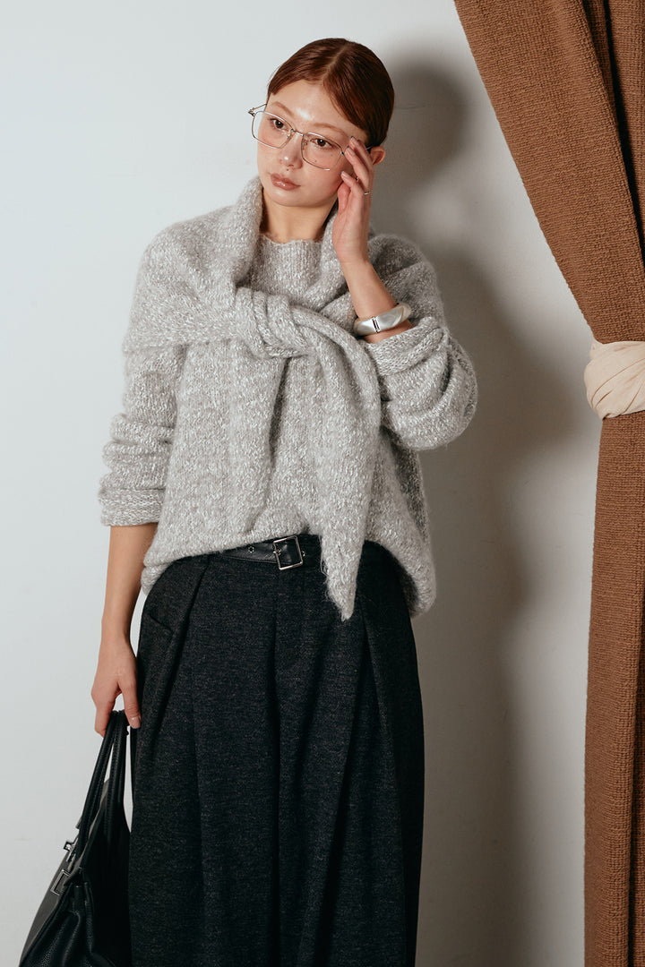 [SET]スカーフ付きミックスニットトップス+細ベルト付き起毛タックワイドパンツ(2set)
