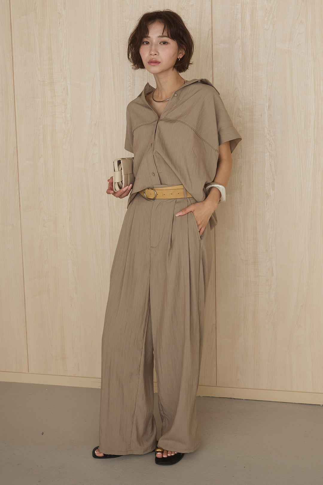 [SET]リネンライクランタンノースリシャツ+リネンライク2タックワイドパンツ(2set)