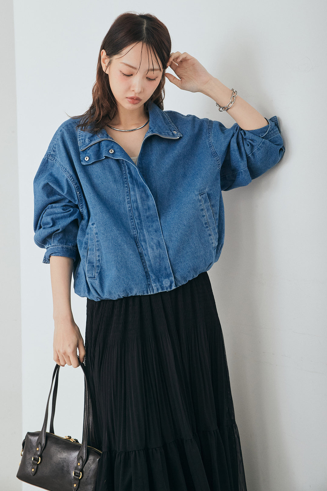 [SET]スタンドカラーデニムブルゾンジャケット+ボリュームシルエットチュールスカート(2set)