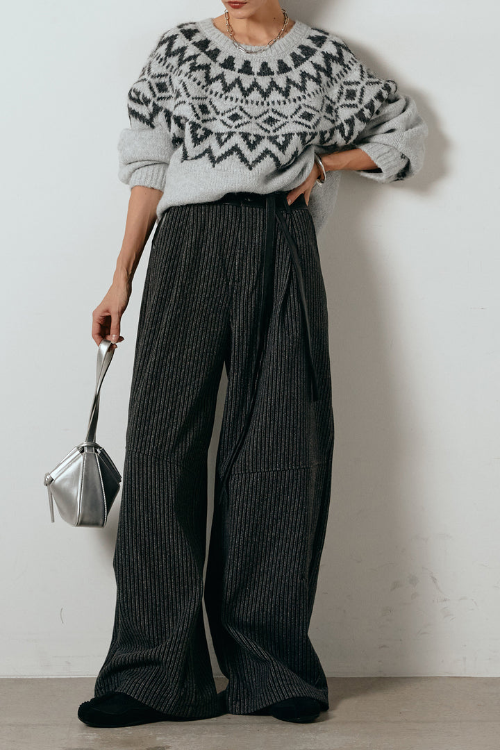 [SET]ノルディック柄Uネックプルオーバー+レザーライク配色ストライプパンツ(2set)