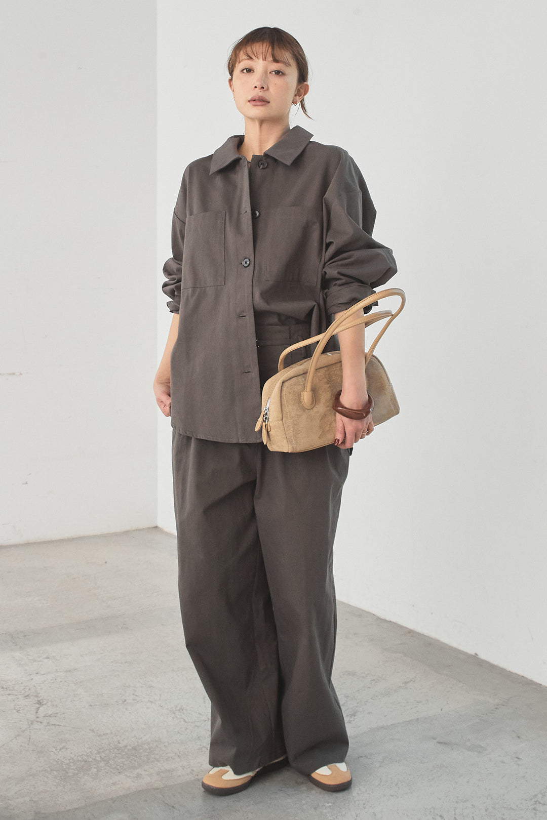 [SET]ツイルシャツジャケット+ツイルハイウエストタックパンツ(2set)