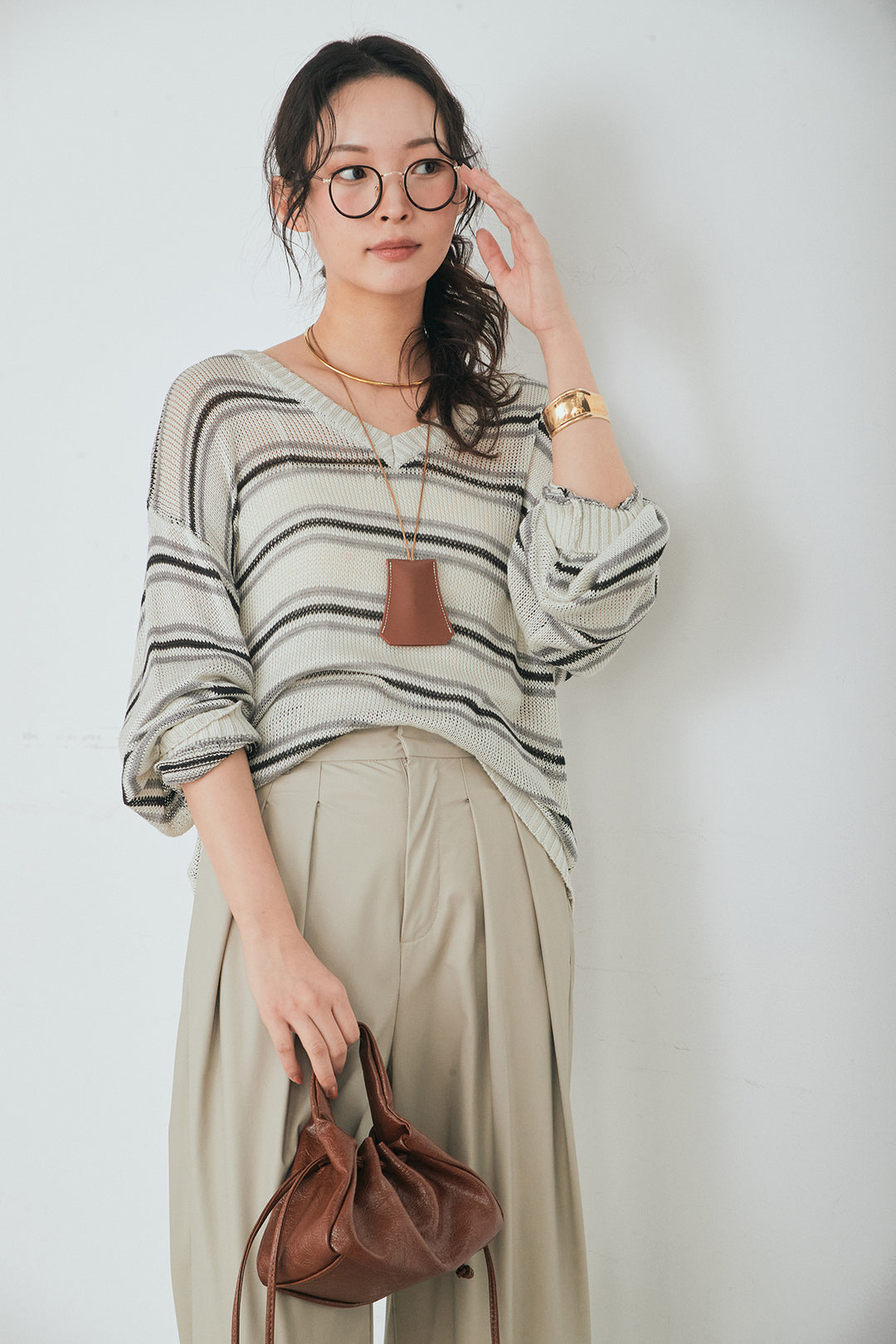 [SET]綿タッチVネックボーダートップス+ウォッシャブルエコレザータックパンツ(2set)