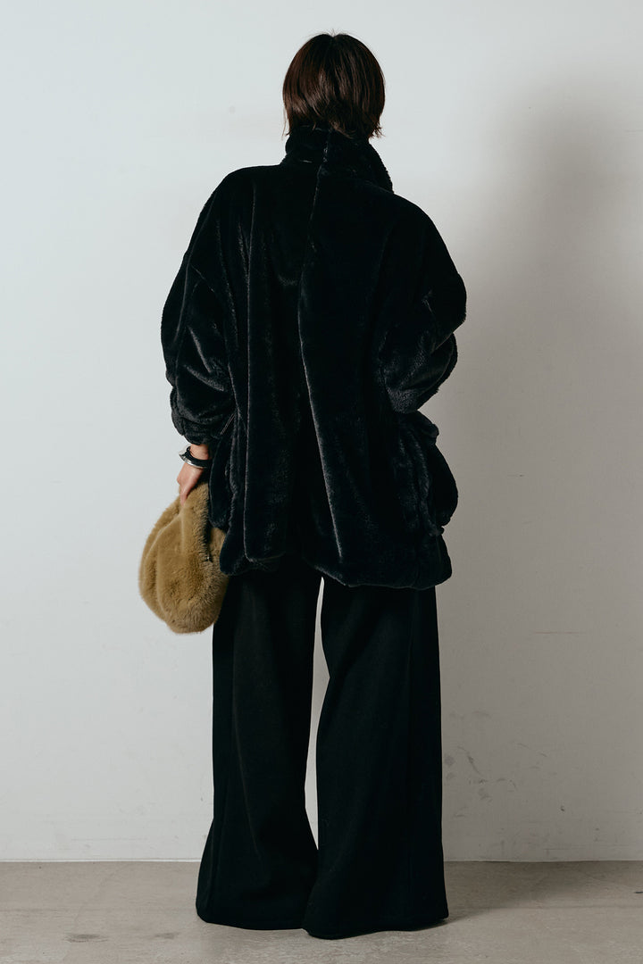 [SET]スタンドネックファーコート+フェイクレザー太ベルト付きタックワイドパンツ(2set)