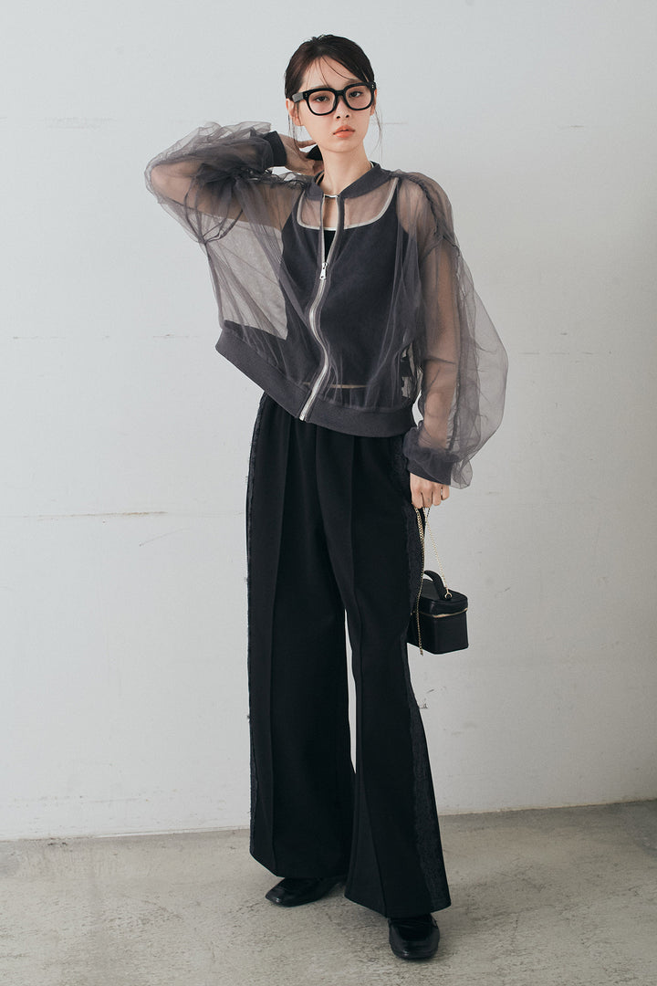 [SET]エアリーチュールスリーブシアーブルゾン+Wフェイスカットソーサイドレースラインパンツ(2set)