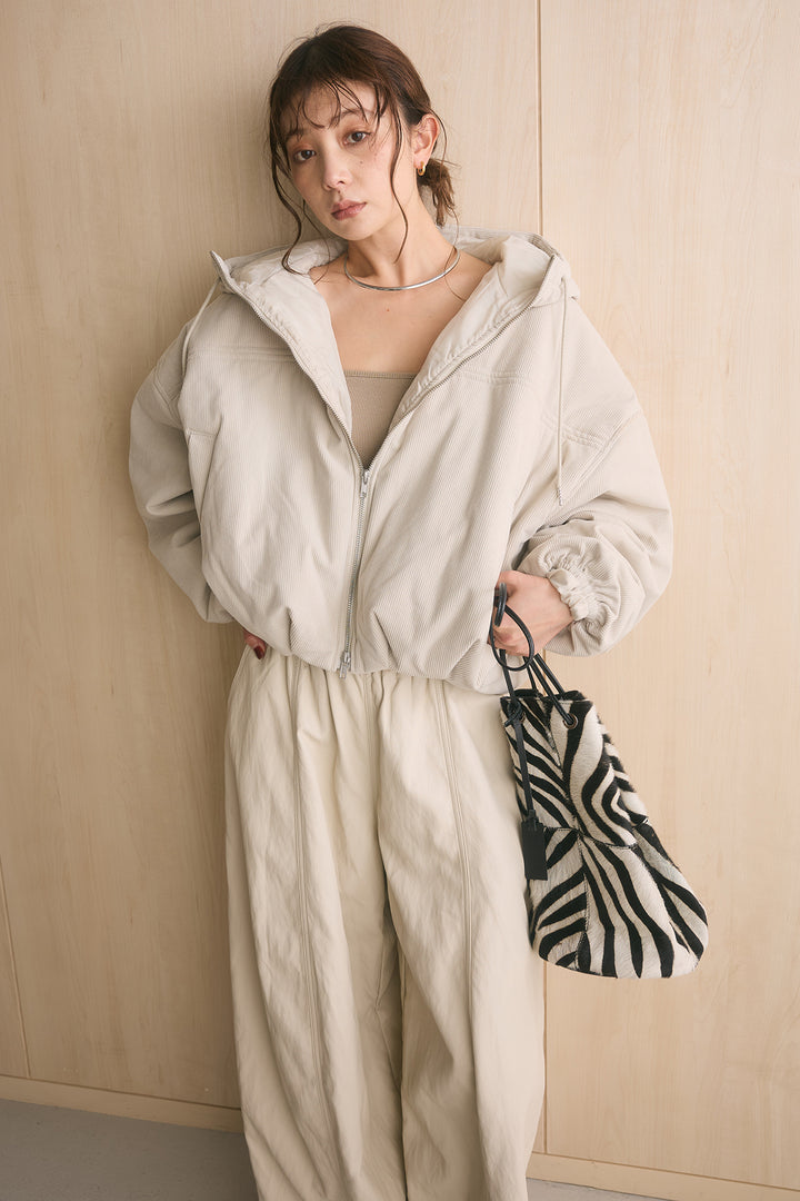 [SET]コーデュロイフーディバルーンブルゾン+フェイクレザーカーブワイドパンツ(2set)