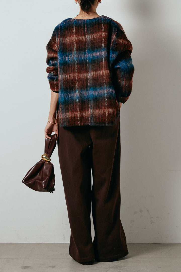 [SET]ノーカラーシャギーチェックアウター+裏起毛スウェットワイドパンツ(2set)