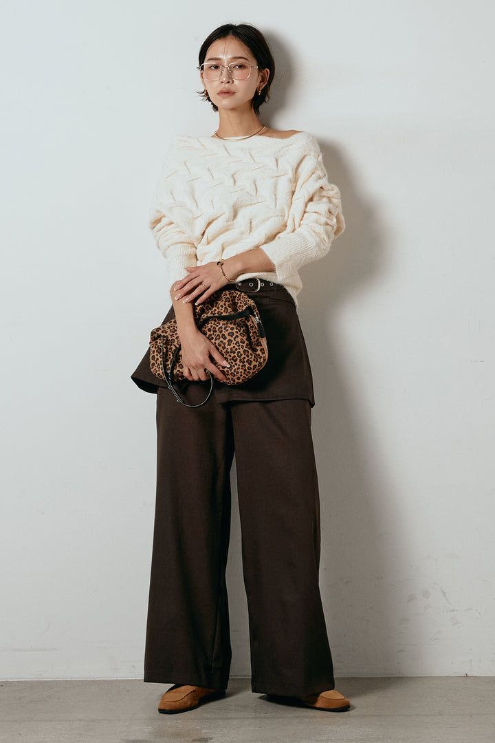 [SET]ボートネックニットトップス+ベルト付きウエストデザインパンツ(2set)