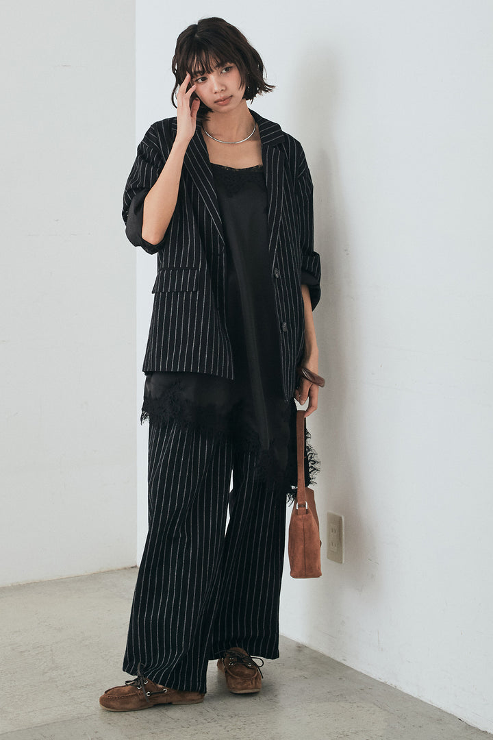 [SET]リネンライクストライプテーラードジャケット+リネンライクストライプタックイージーパンツ+サテンレースアシメキャミ(3set)