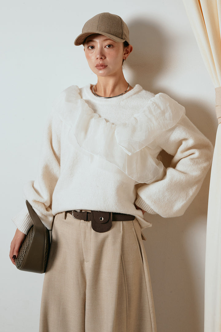 [SET]アシンメトリーフリルニットトップス+ポーチベルト付きカーブパンツ(2set)