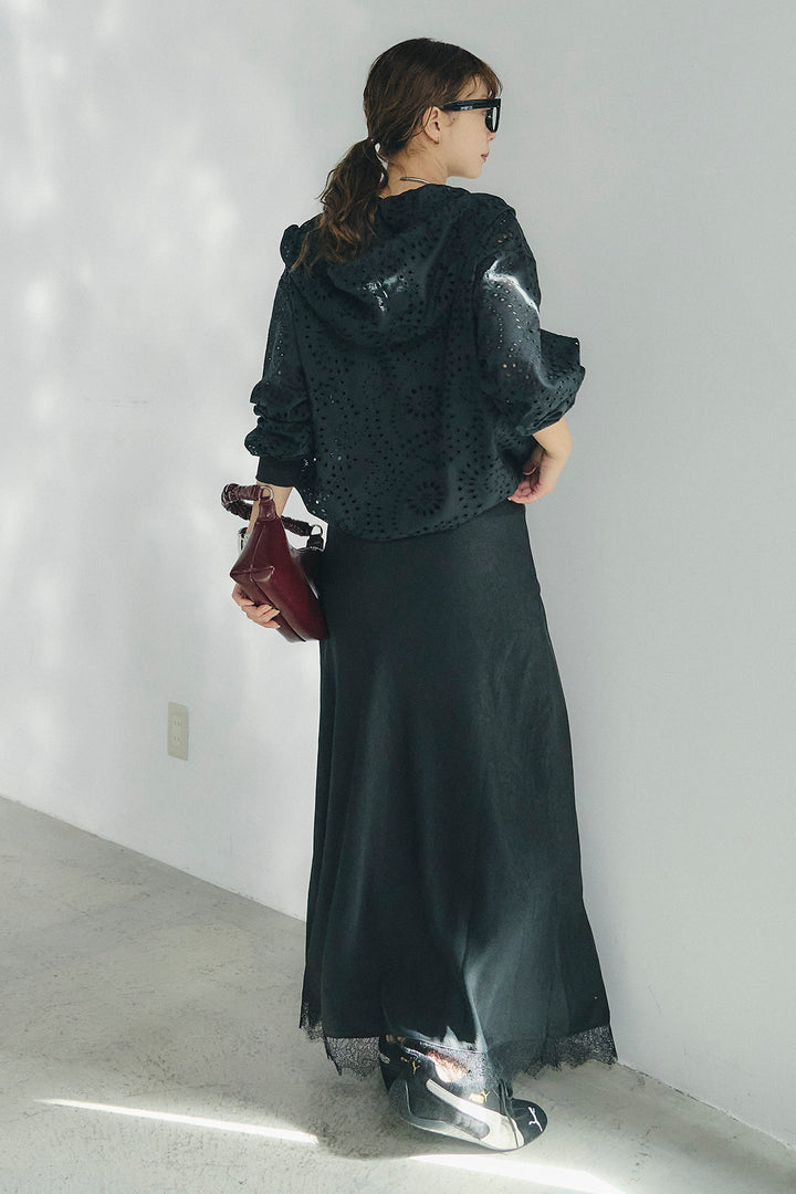 [SET]レースハーフジップアップフーディー+バイアスナローサテンスカート(2set)