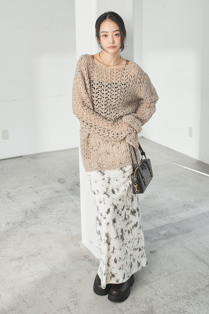 [SET]リラックスメッシュニットトップス+タイダイ柄ベロアワイドスカート(2set)