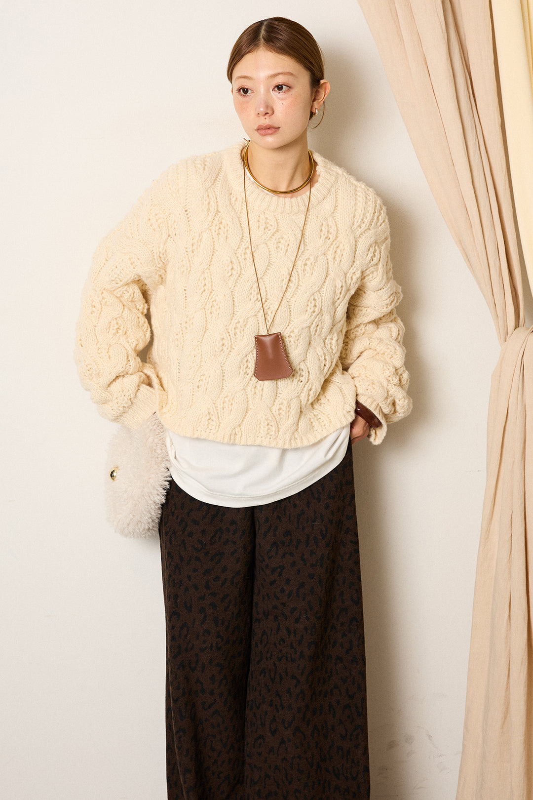 [SET]ケーブルリラックスショートニット+レオパードジャガードニットパンツ(2set)