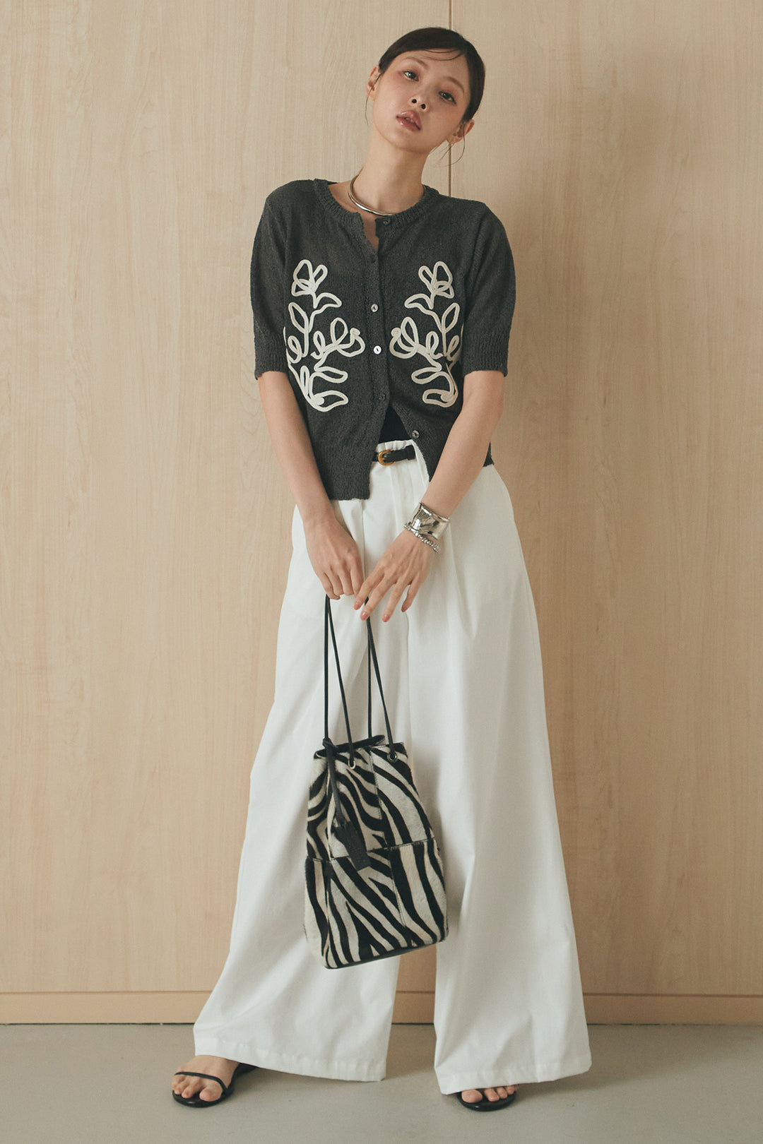 [SET]フロントテープデザイン半袖カーディガン+ベルトループデザインハイウエストタックパンツ(2set)