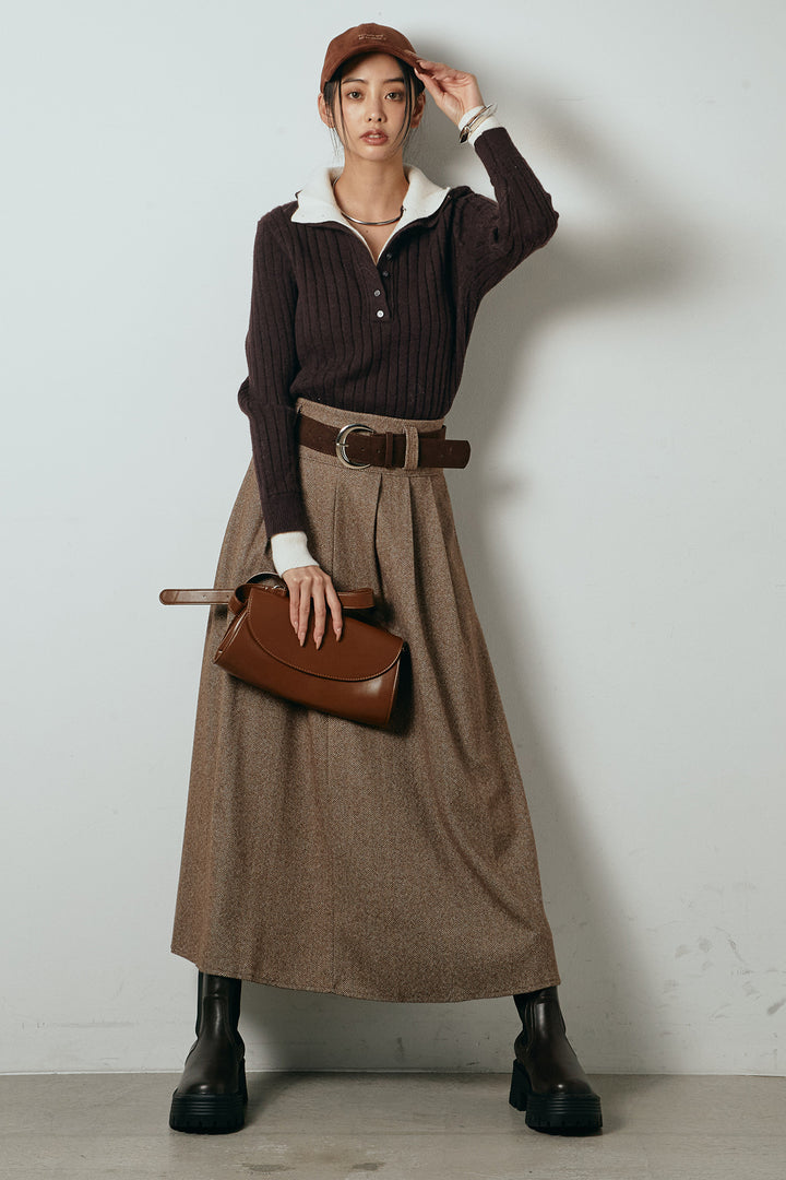 [SET]レイヤード風リブニットトップス+太ベルト付きヘリンボーンプリーツスカート(2set)