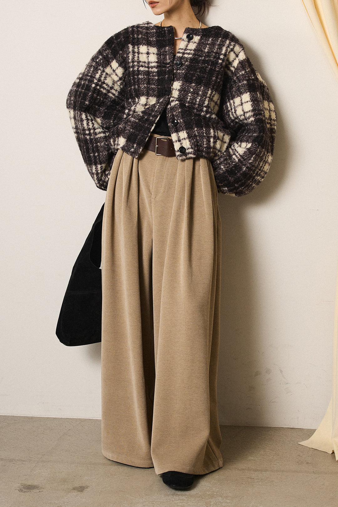 [SET]ノーカラーチェック柄ボアブルゾン+ベルトループコーデュロイワイドパンツ(2set)