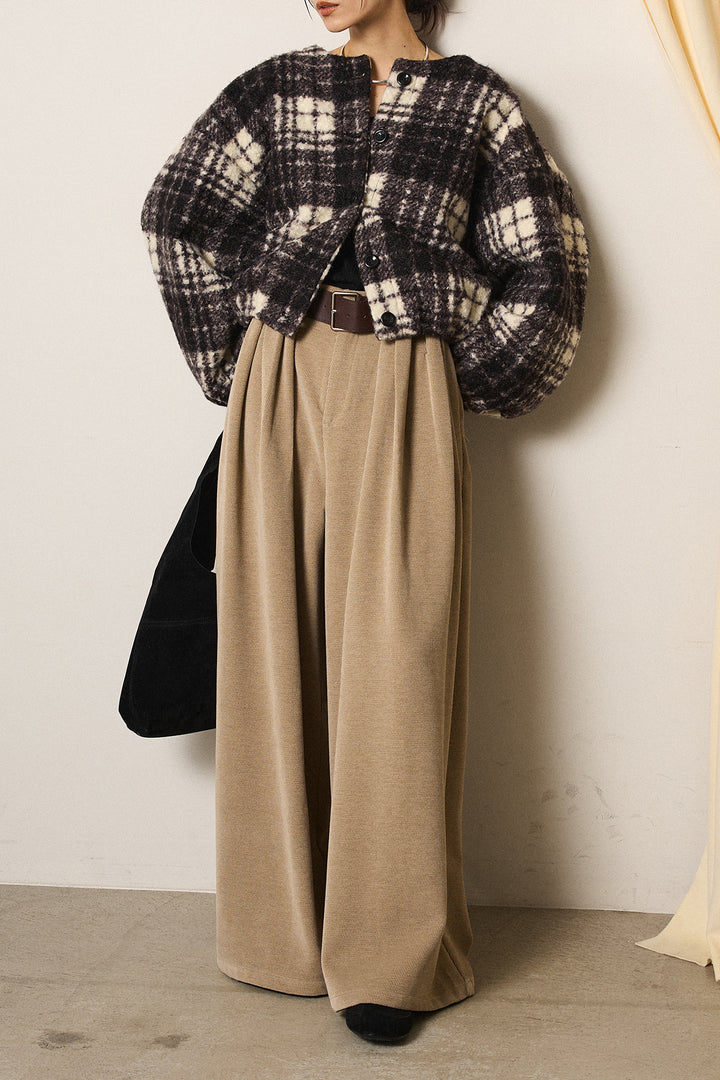 [SET]ノーカラーチェック柄ボアブルゾン+ベルトループコーデュロイワイドパンツ(2set)