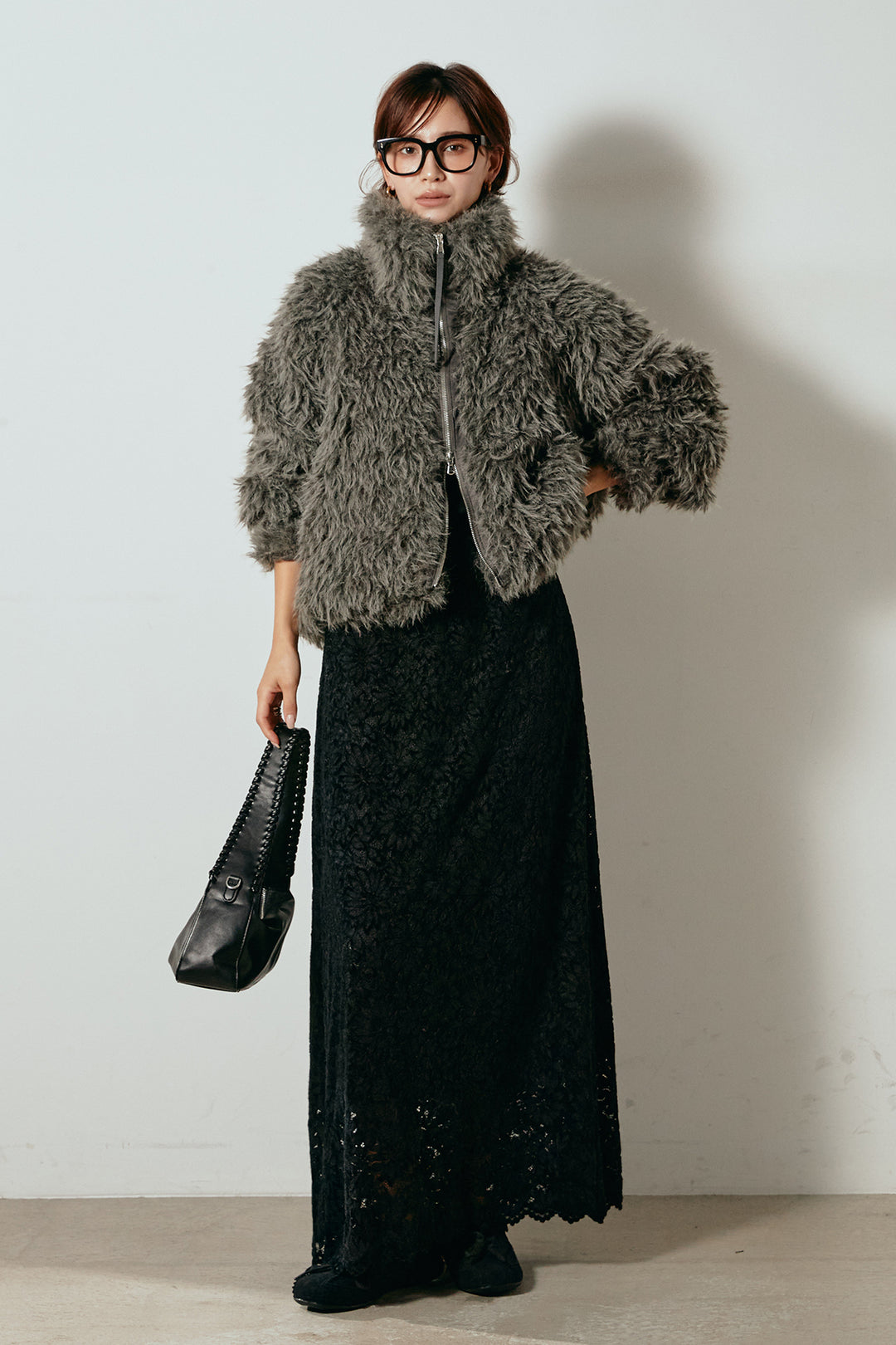 [SET]ミックスシープファースタンドブルゾン+花柄刺繍ベロアフレアスカート(2set)