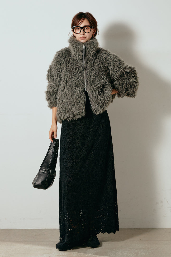 [SET]ミックスシープファースタンドブルゾン+花柄刺繍ベロアフレアスカート(2set)