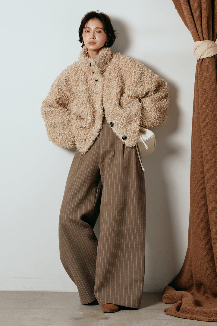 [SET]プードルファーミドルジャケット+ウールライクストライプパンツ(2set)