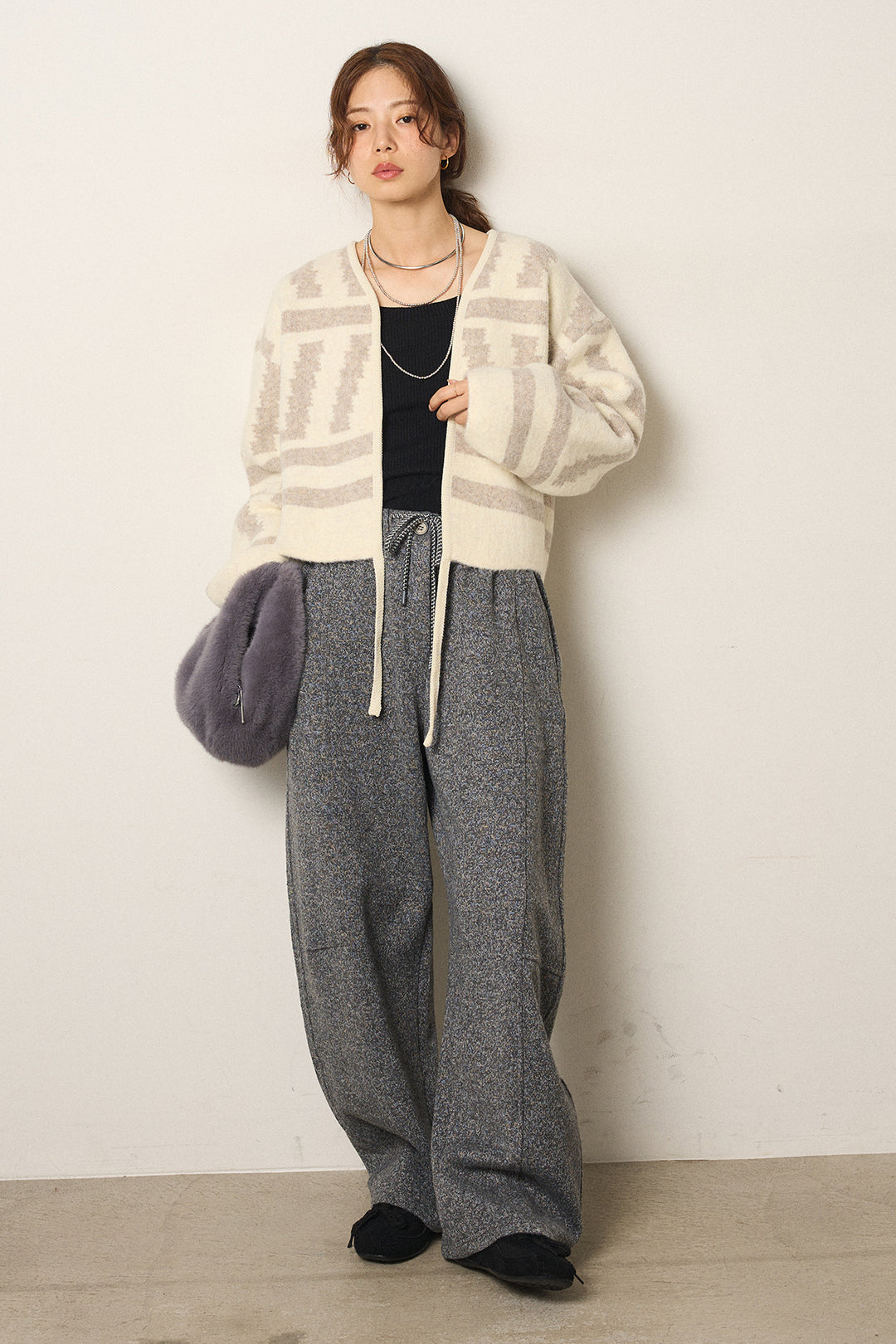 [SET]幾何学柄ノーカラーカーディガン+杢ニットフレアパンツ(2set)
