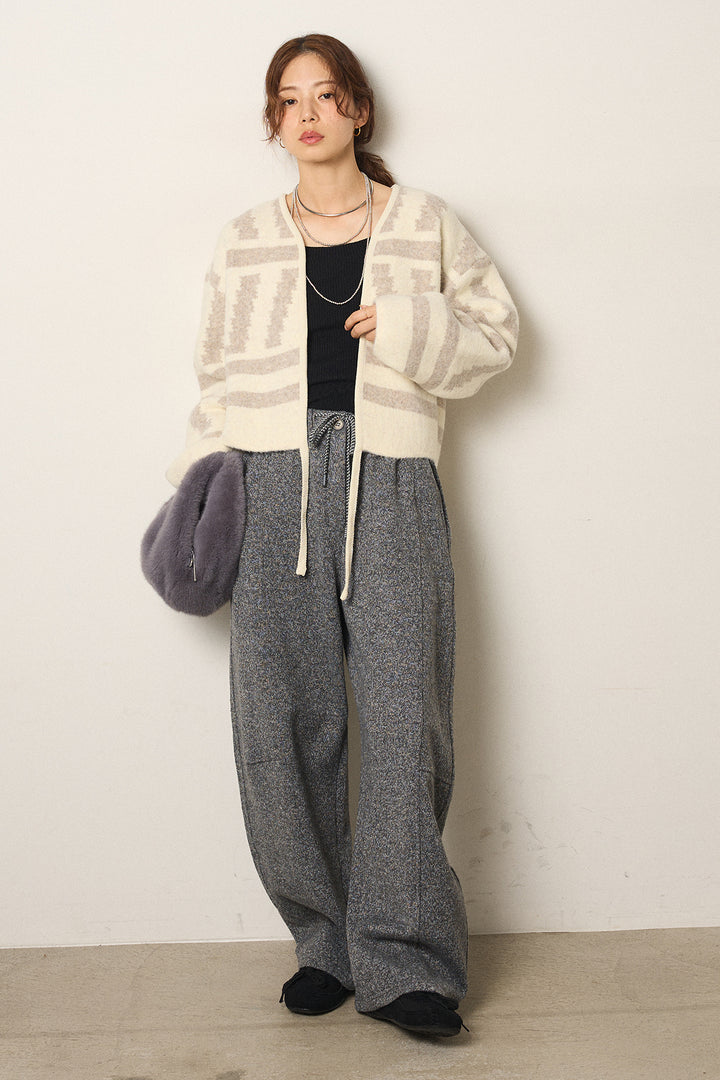 [SET]幾何学柄ノーカラーカーディガン+杢ニットフレアパンツ(2set)