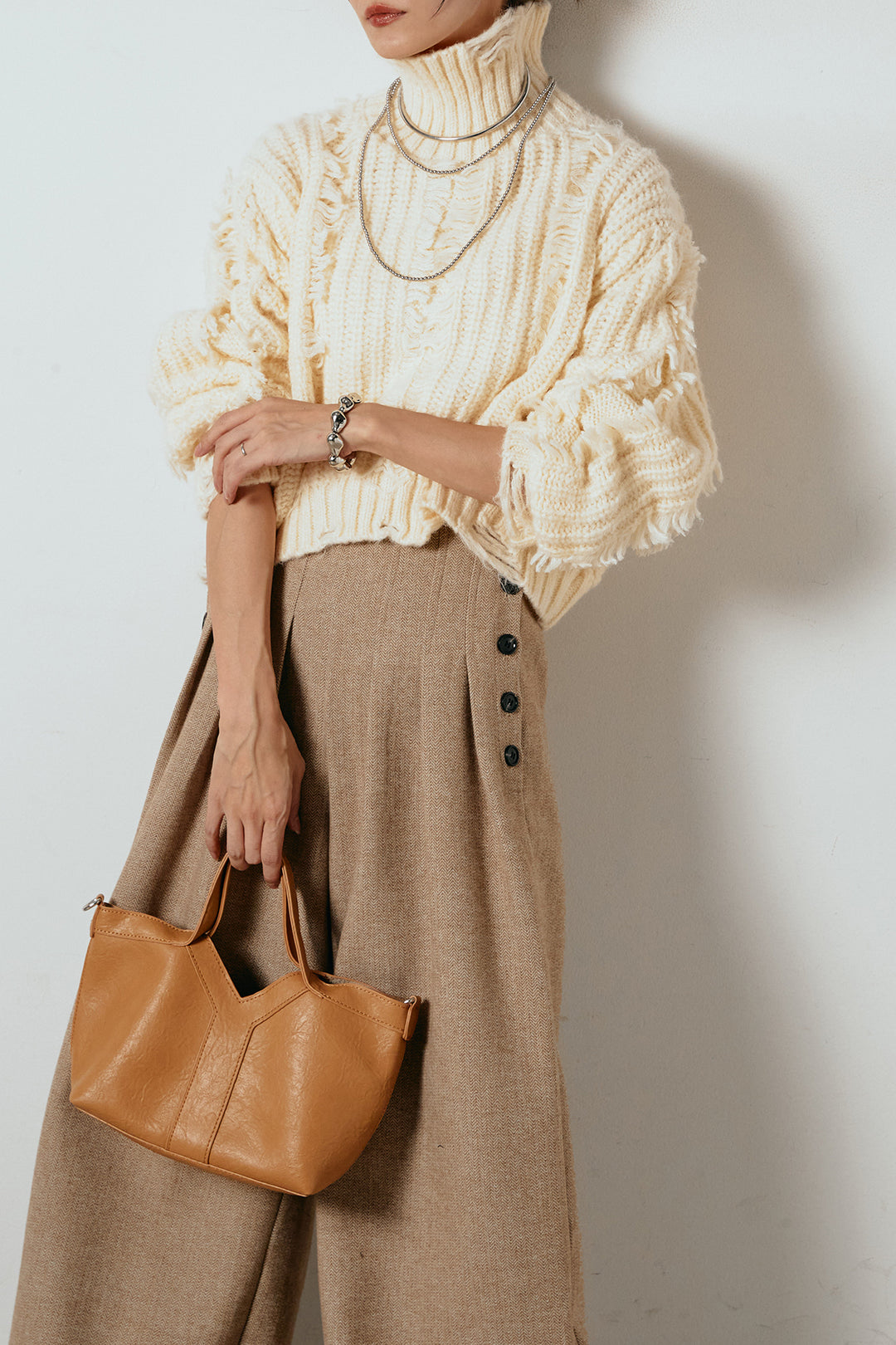 [SET]フリンジタートルショートニット+サイドボタンツイードタックパンツ(2set)