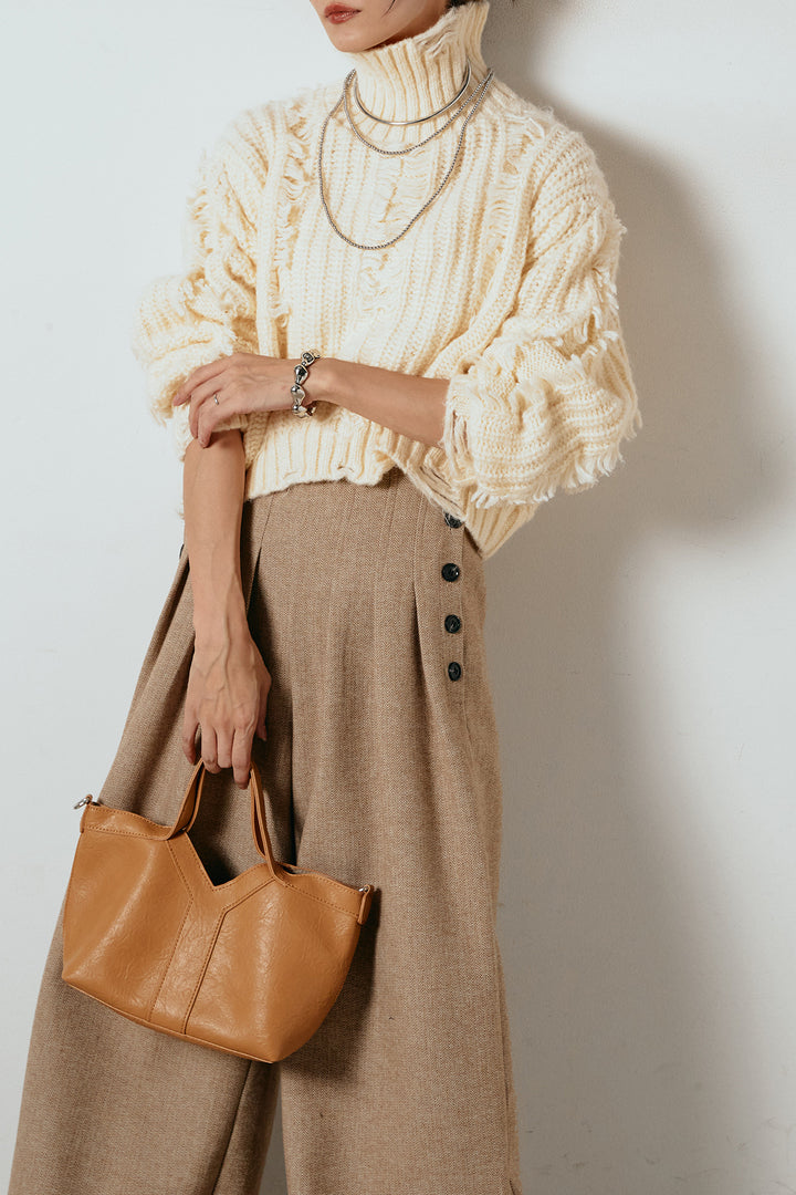 [SET]フリンジタートルショートニット+サイドボタンツイードタックパンツ(2set)