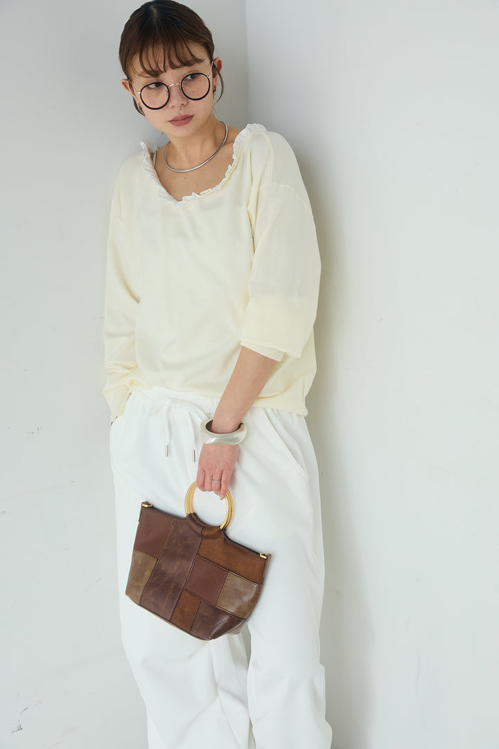 [SET]クールクール異素材コンビオフショルプルオーバー+ランダムタックデザインワイドパンツ(2set)