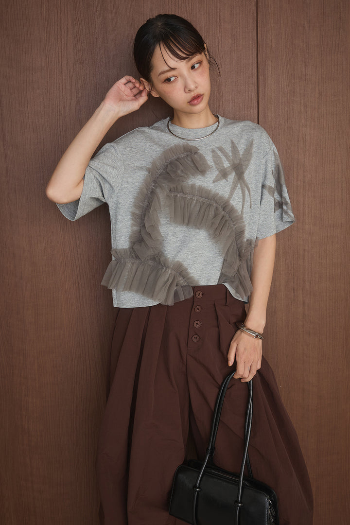[SET]チュールモチーフデザインTシャツ+ボタンデザインニーサイドタックパンツ(2set)