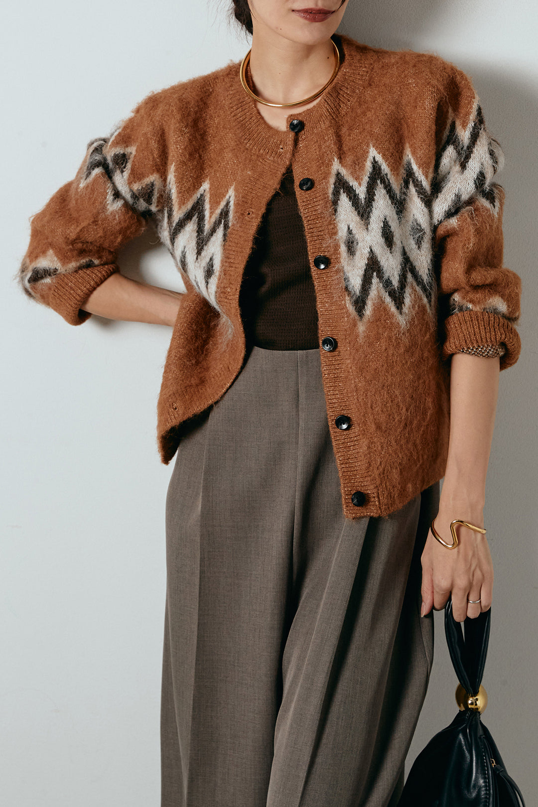 [SET]起毛ノルディック柄ニットカーディガン+ワイドツイルサロペット(2set)
