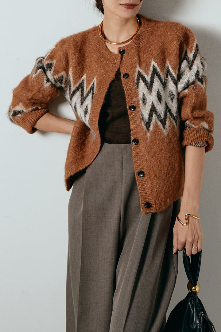 [SET]起毛ノルディック柄ニットカーディガン+ワイドツイルサロペット(2set)