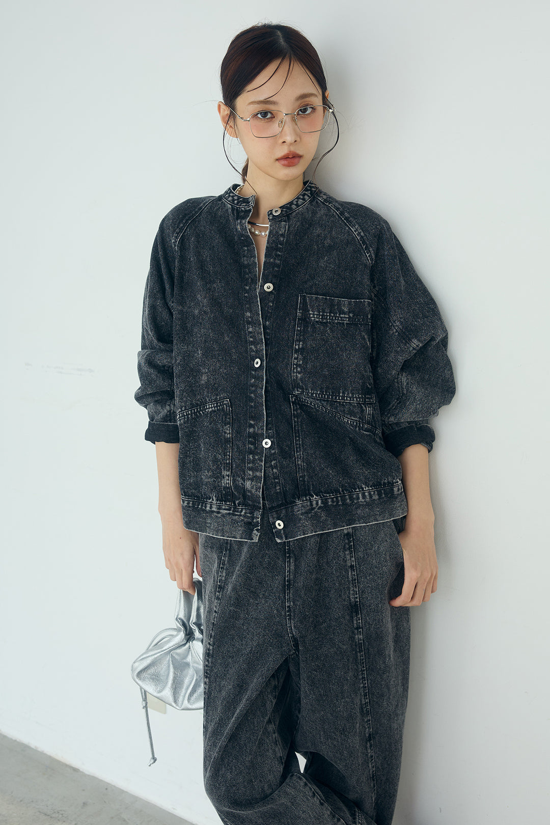 [SET]カラーデニムケミカル加工ノーカラーブルゾン+カラーデニムケミカル加工コクーンパンツ(2set)