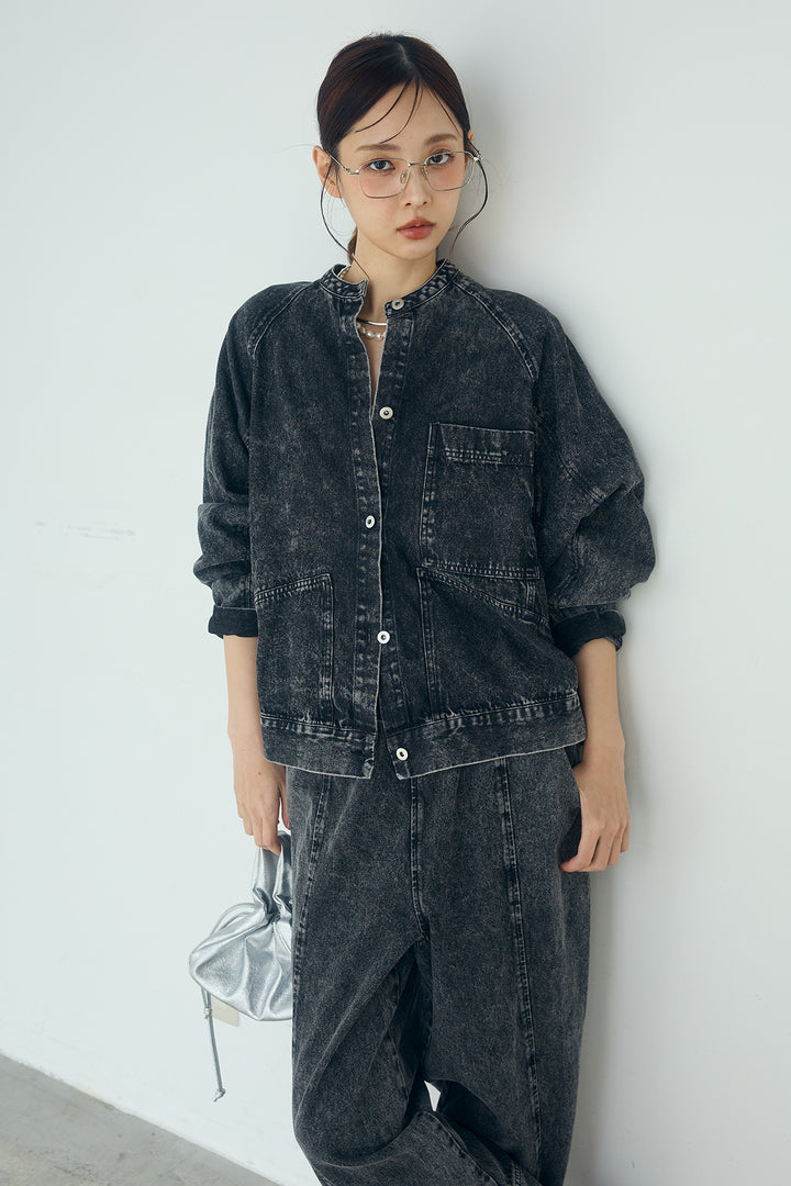 [SET]カラーデニムケミカル加工ノーカラーブルゾン+カラーデニムケミカル加工コクーンパンツ(2set)