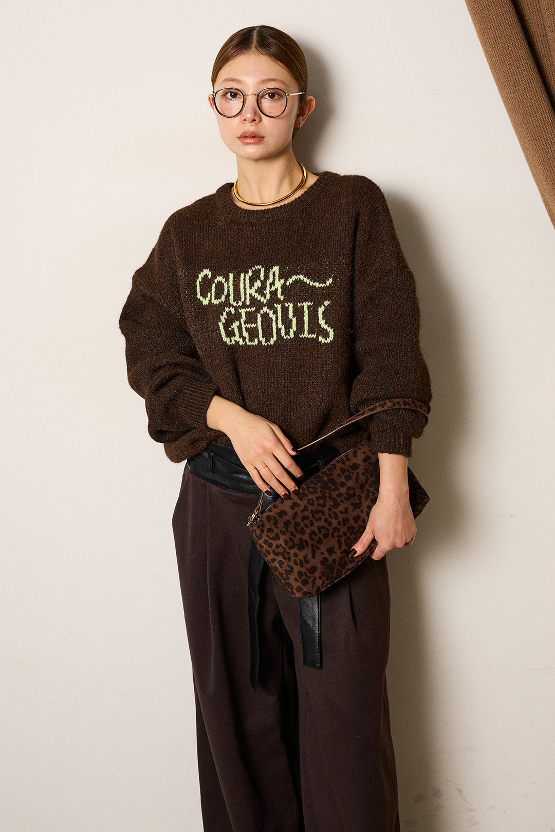 [SET]ロゴシャギーニットプルオーバー+巻ベルトウエストレザーライクワイドパンツ(2set)