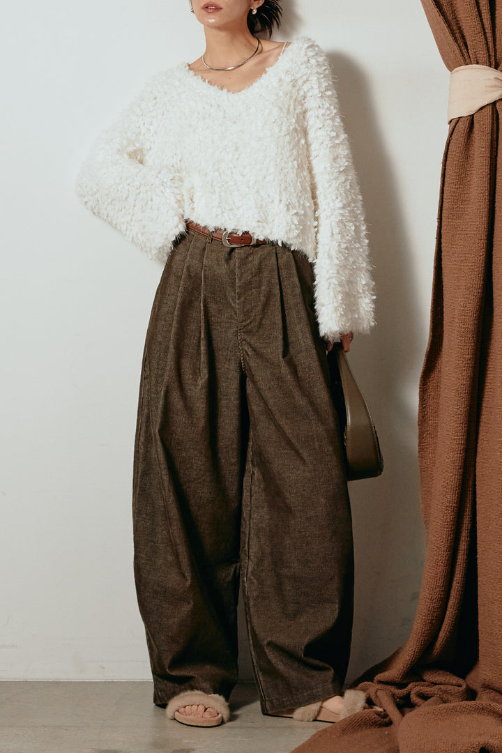 [SET]深Vネックチョウチョヤーンニットトップス+フロントタック入りコーデュロイパンツ(2set)