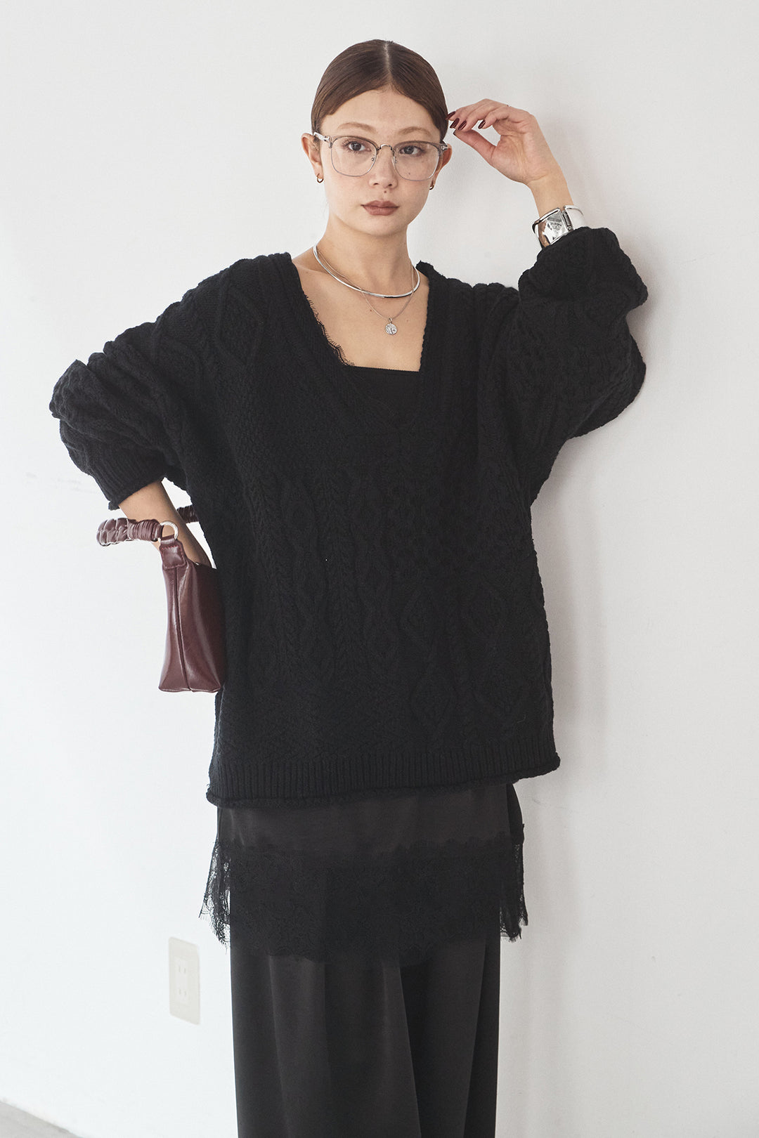 [SET]ケーブルVニットセーター+サテンタックワイドパンツ(2set)