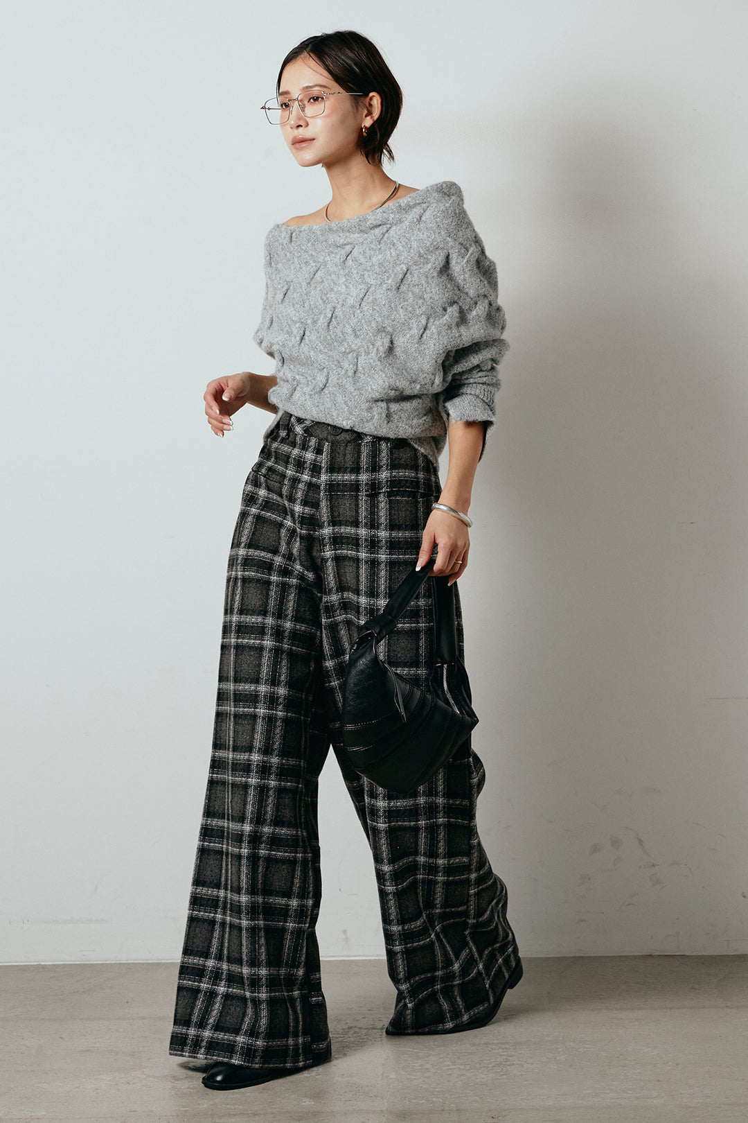 [SET]ボートネックニットトップス+ルーズタータンチェックワイドパンツ(2set)