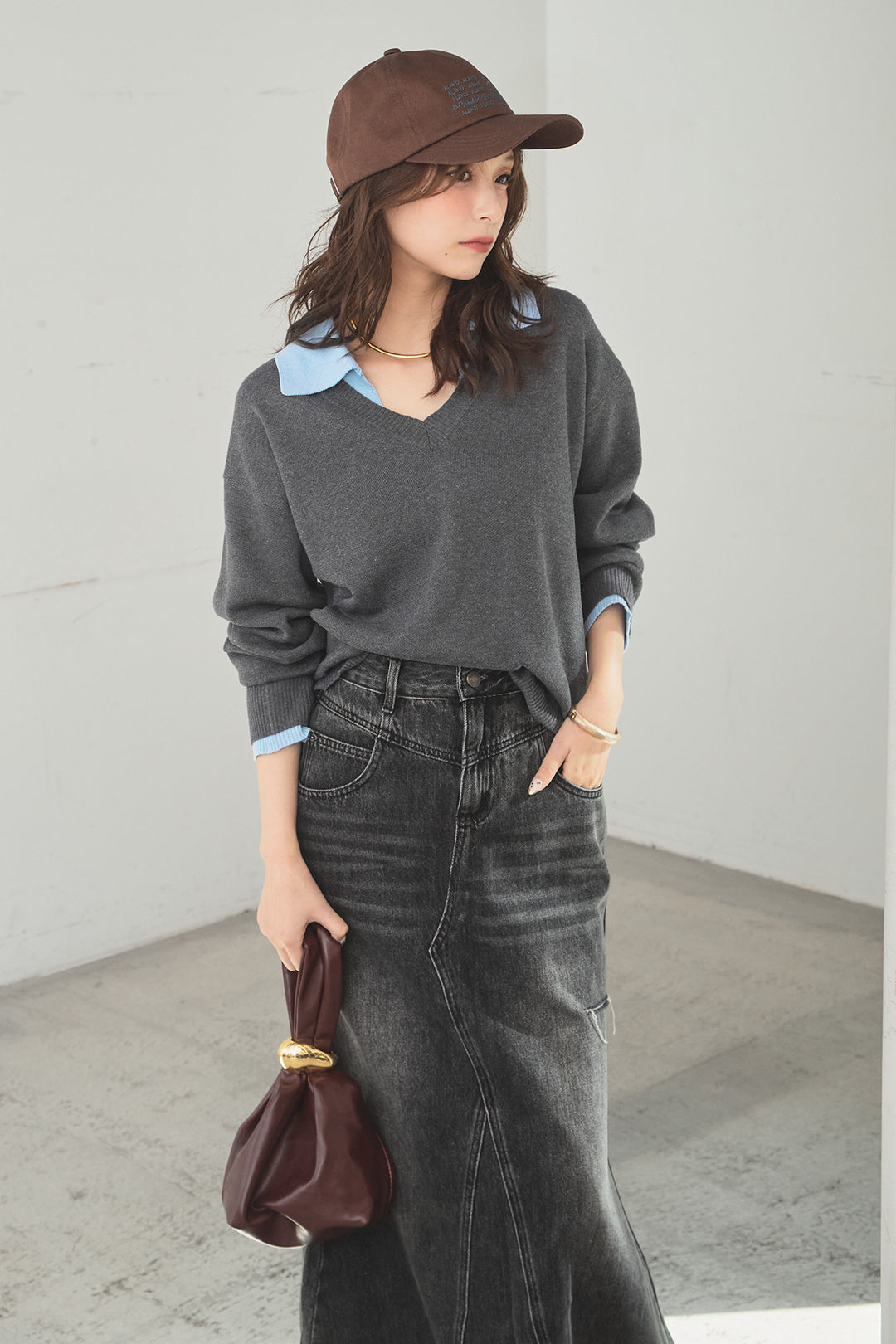 [SET]バイカラーニットレイヤード風プルオーバー+Aラインデニムスカート(2set)