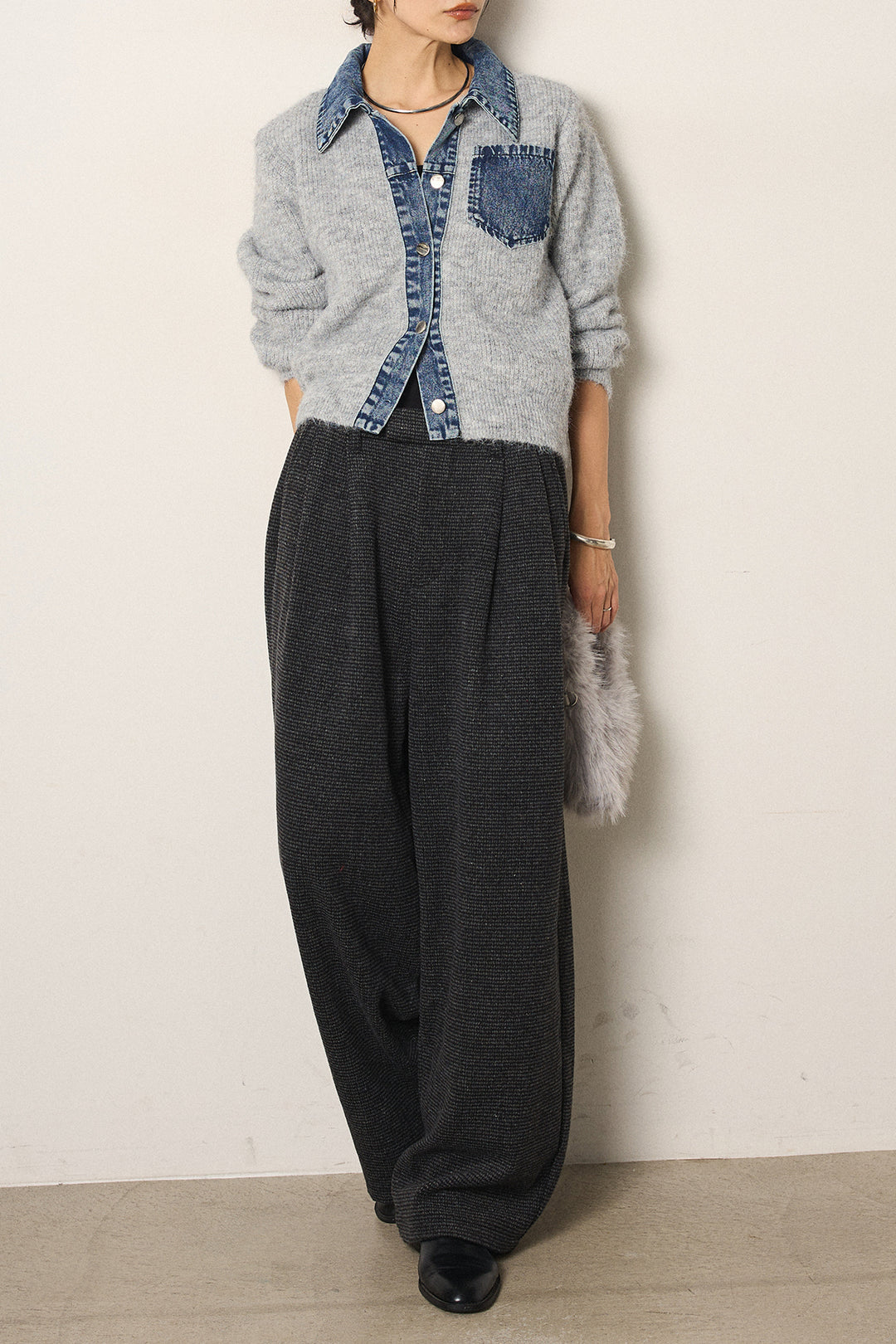 [SET]襟付きデニム切替ニットカーディガン+起毛タック入りツイードワイドパンツ(2set)