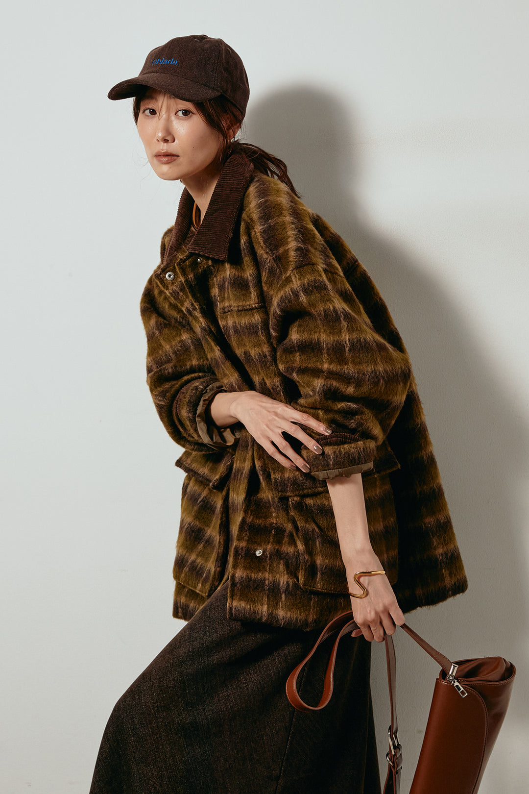 [SET]チェックシャギーミドルカバーオール+スウェードライクロングスカート(2set)