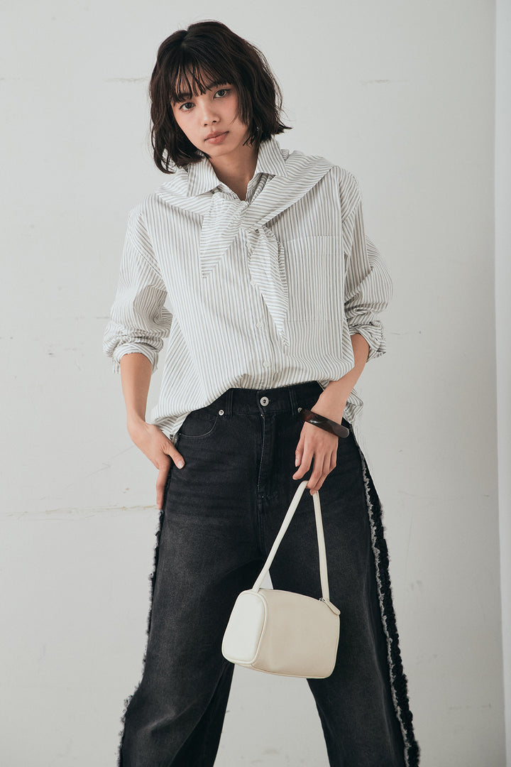 [SET]ランダムストライプスカーフ付きシャツ+デニムサイドフリルパンツ(2set)