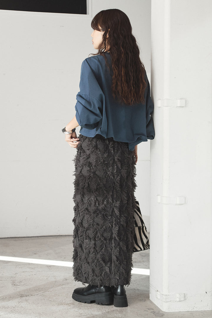 [SET]ビッグロゴHRU袖ボリュームトップス+カットフリンジニットタイトスカート(2set)