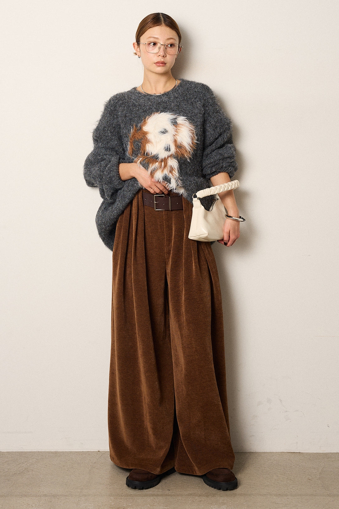 [SET]シャギーニュアンスアニマルニット+ベルトループコーデュロイワイドパンツ(2set)