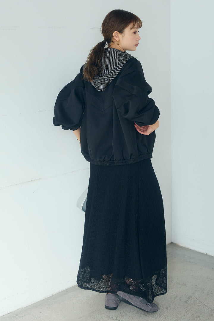 [SET]マルチ切り替えドルマンブルゾン+メッシュ刺繍ロングスカート+ボーダーフーディーロンT(3set)