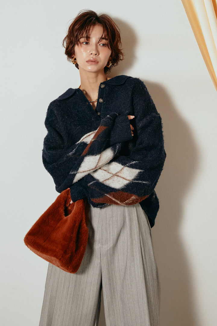 [SET]アーガイル柄ポロニットトップス+ストライプヘリンボーンパンツ(2set)