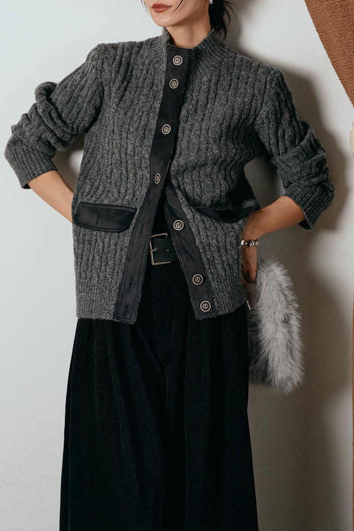 [SET]ボトルネックケーブルニットカーディガン+ベルトループコーデュロイワイドパンツ(2set)