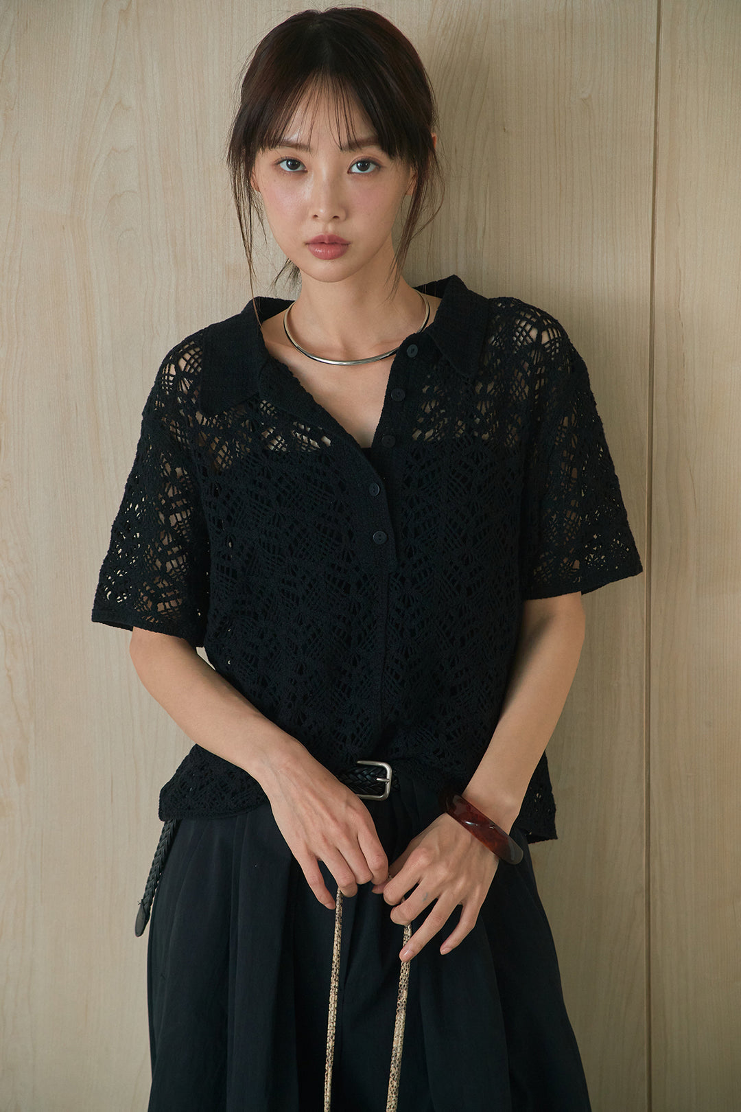 [SET]クロシェ編みニットポロ+ニーサイドタックボリュームカーブパンツ(2set)