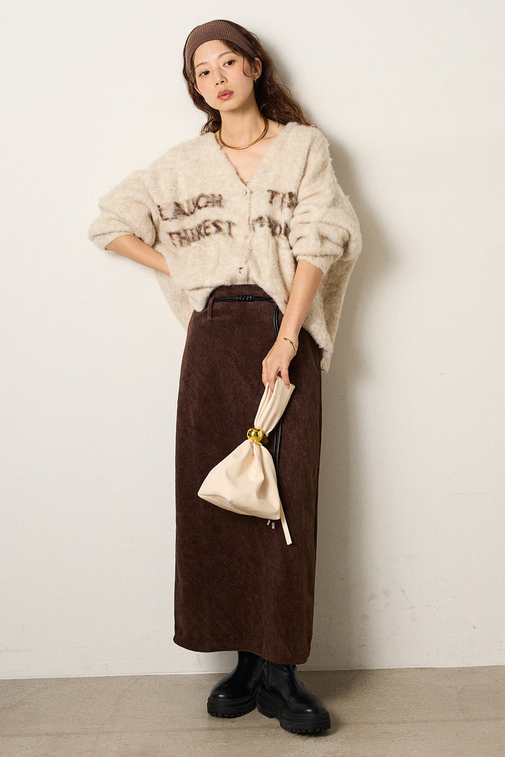 [SET]ウール混透かしロゴニットカーディガン+ロープベルト付きスウェード調スカート(2set)