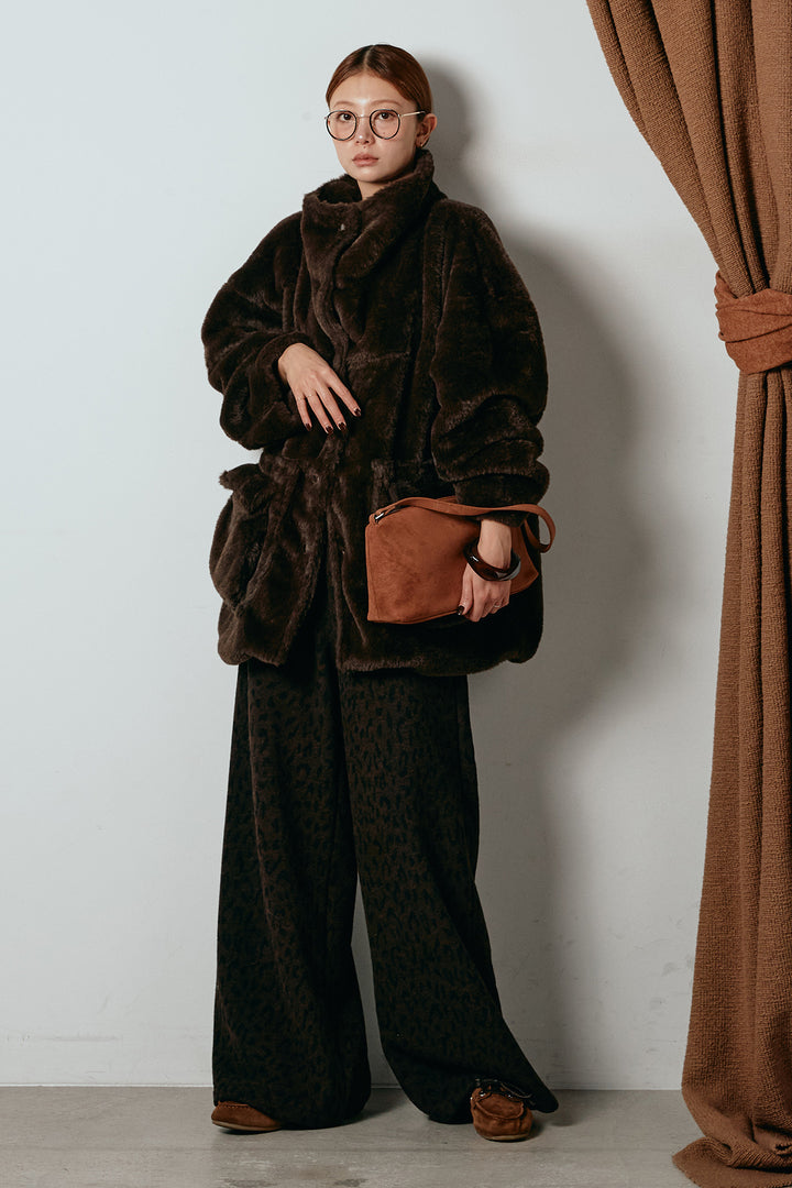 [SET]スタンドネックファーコート+レオパードジャガードニットパンツ(2set)